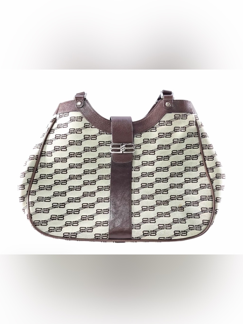 Balenciaga Cream Canvas Shoulder Bag with Brown Leather Trim